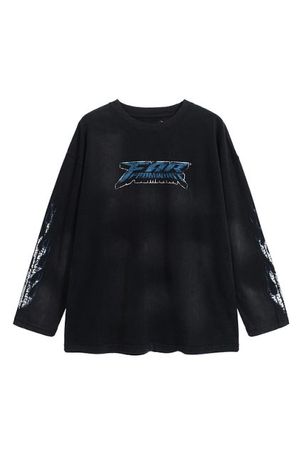 Far archive Washed Hand-painted Letter Print Long Sleeve T-shirt