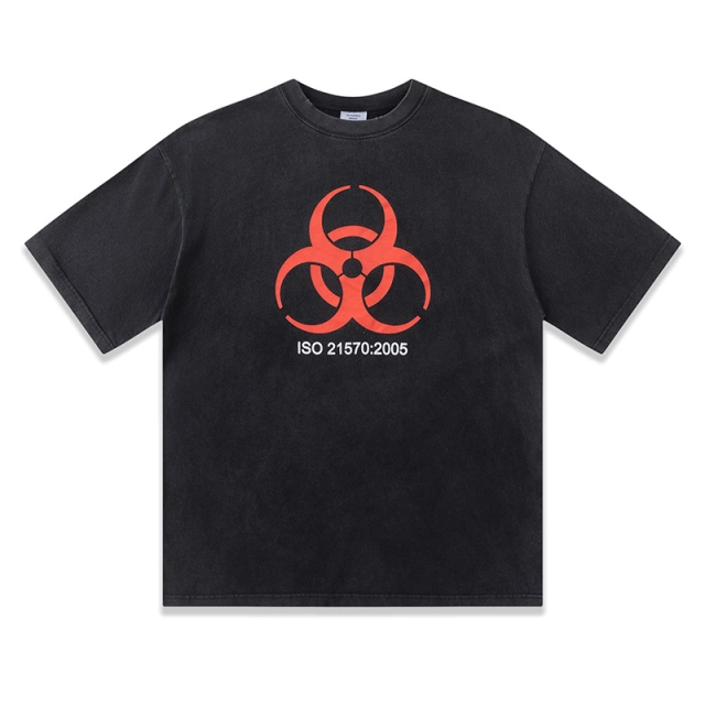 Vetements Biohazard Salt Wash Print Distressed Crew Neck T-shirt