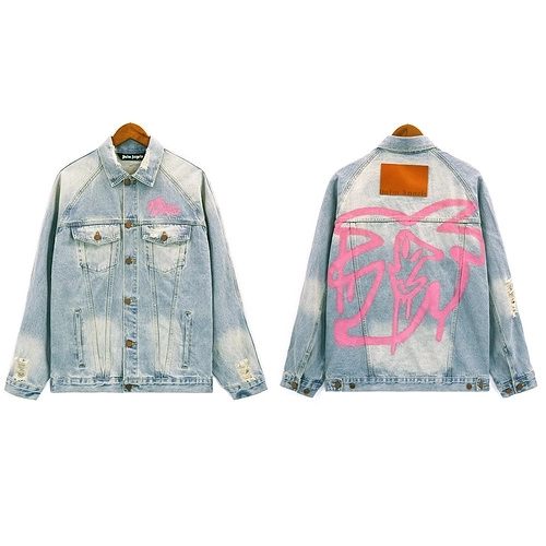 Palm Angels Graffiti Printed Distressed Denim Jacket