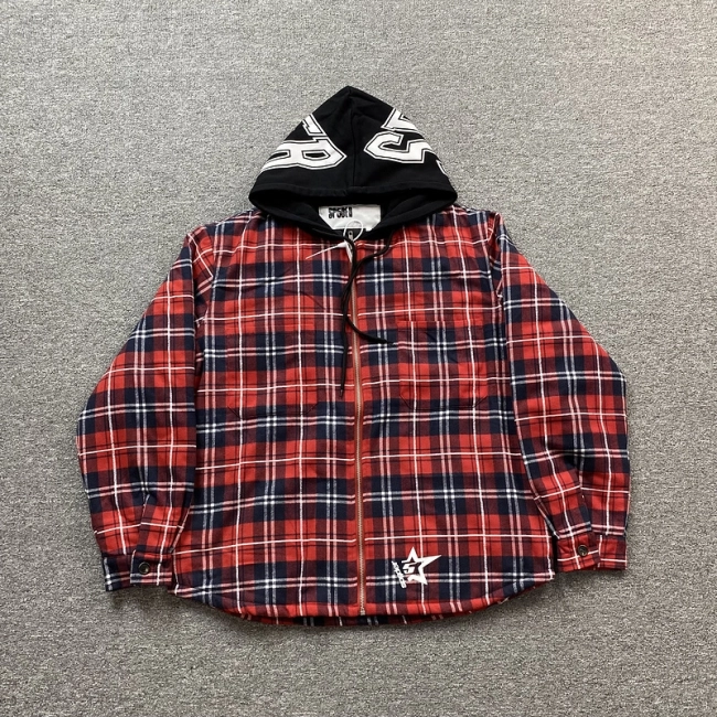 Sp5der Hooded Zip Flannel Shirt Jacket