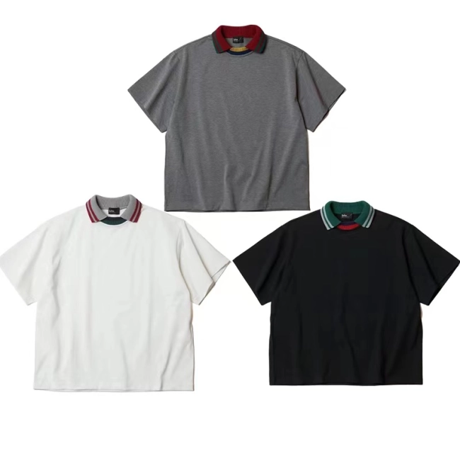 22SS KOLOR Abe Junichi three-color Japanese style stitching ribbed collar pure cotton loose round neck short-sleeved T-shirt