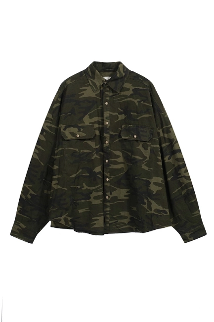 Undermycar Washed Distressed Dark Plaid Patch Camo Shirt