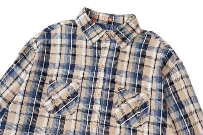 VUJADE Heavy-Duty Distressed Plaid Shirt