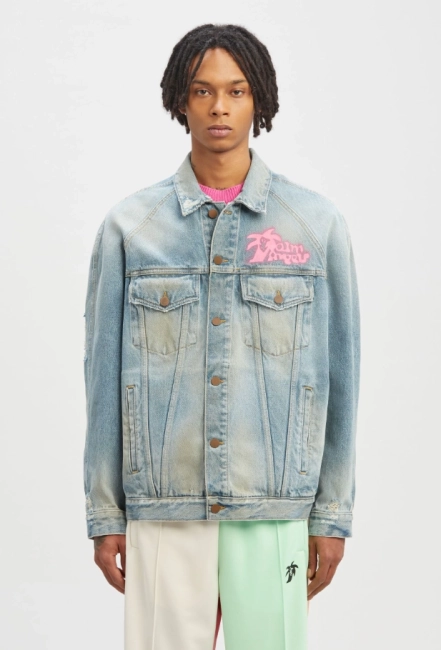 Palm Angels Graffiti Printed Distressed Denim Jacket