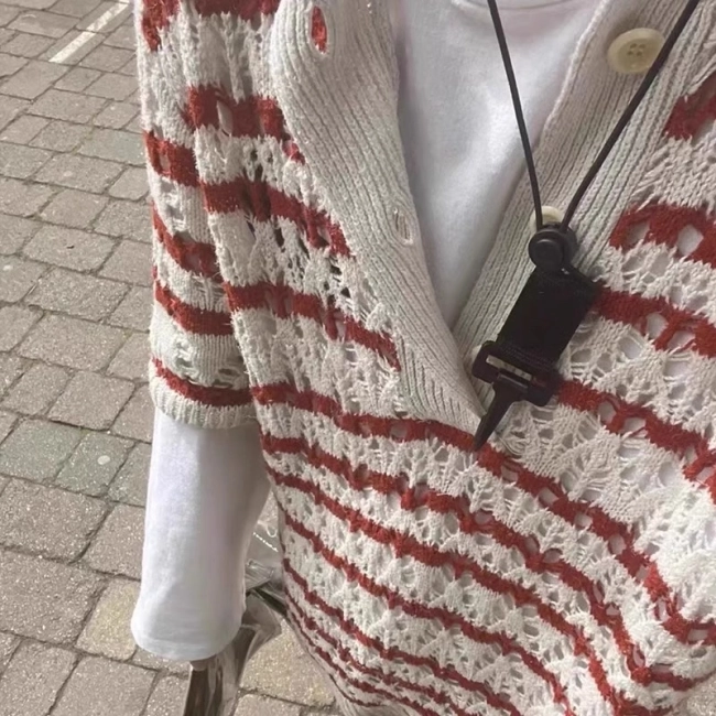 Unisex Red and White Zig Zag Distressed Shirt-18489