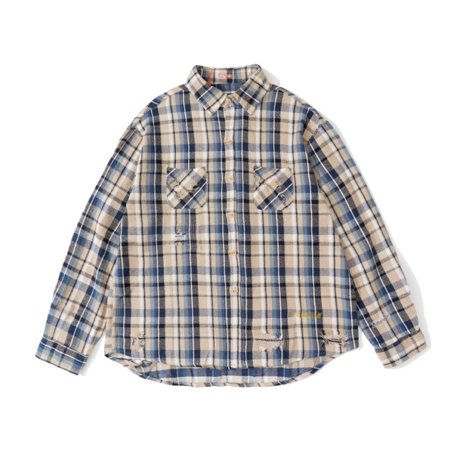 VUJADE Heavy-Duty Distressed Plaid Shirt