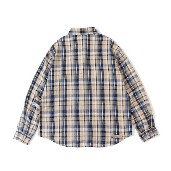 VUJADE Heavy-Duty Distressed Plaid Shirt